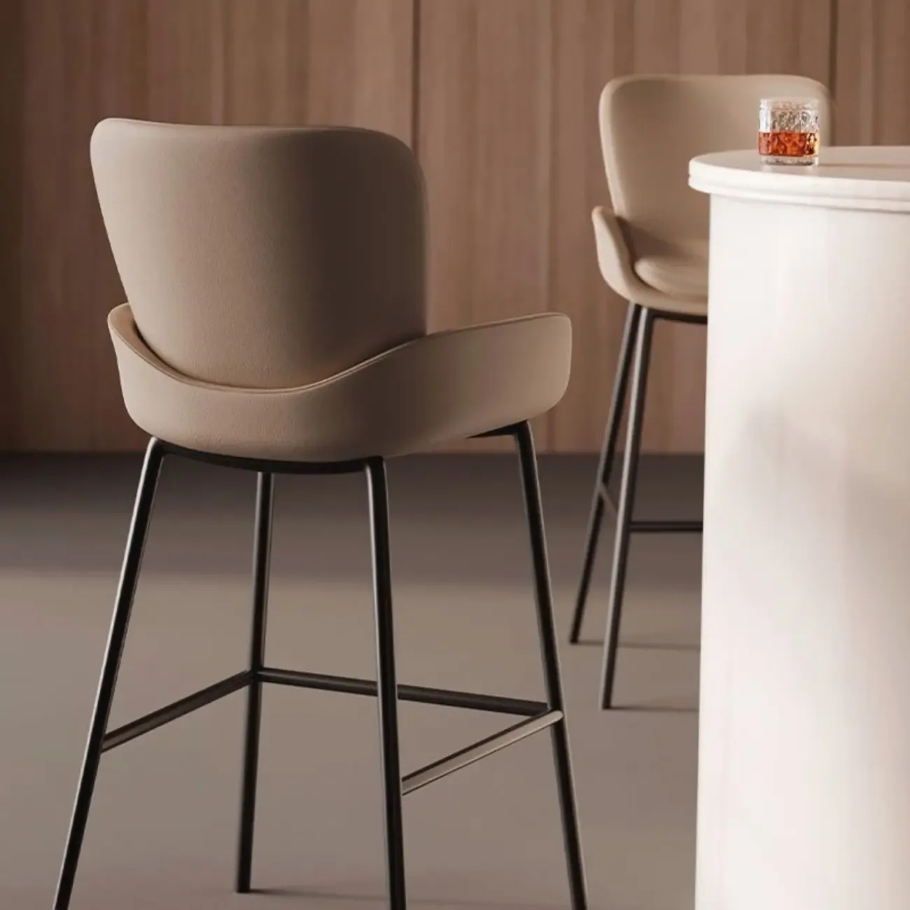 Simple Beige Leather Bar Stools with Arms Image - 7