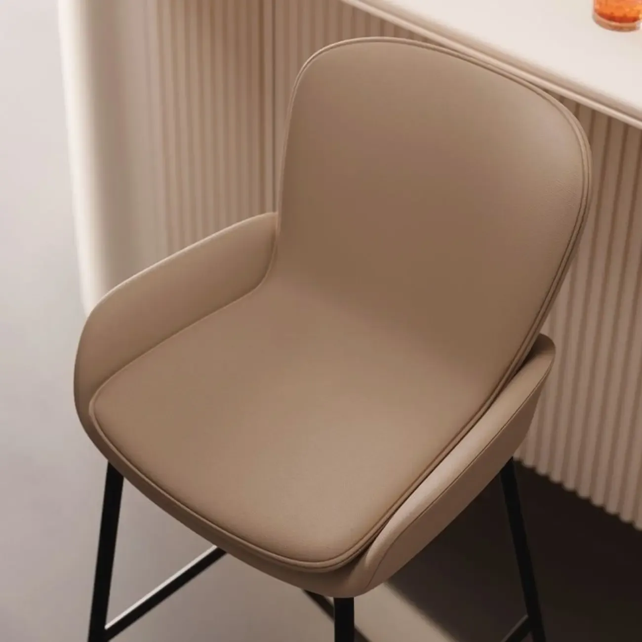 Simple Beige Leather Bar Stools with Arms Image - 10