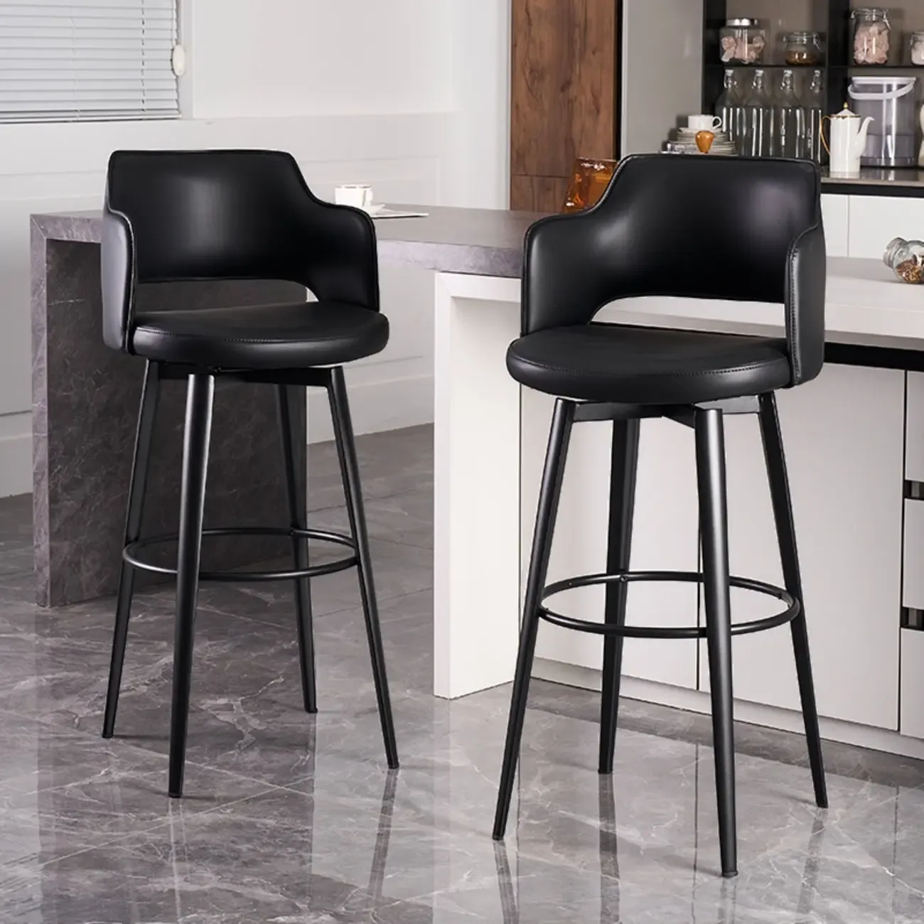 Mid-Century Modern Upholstered Bucket Seat Swivel Bar Stools Image - 1