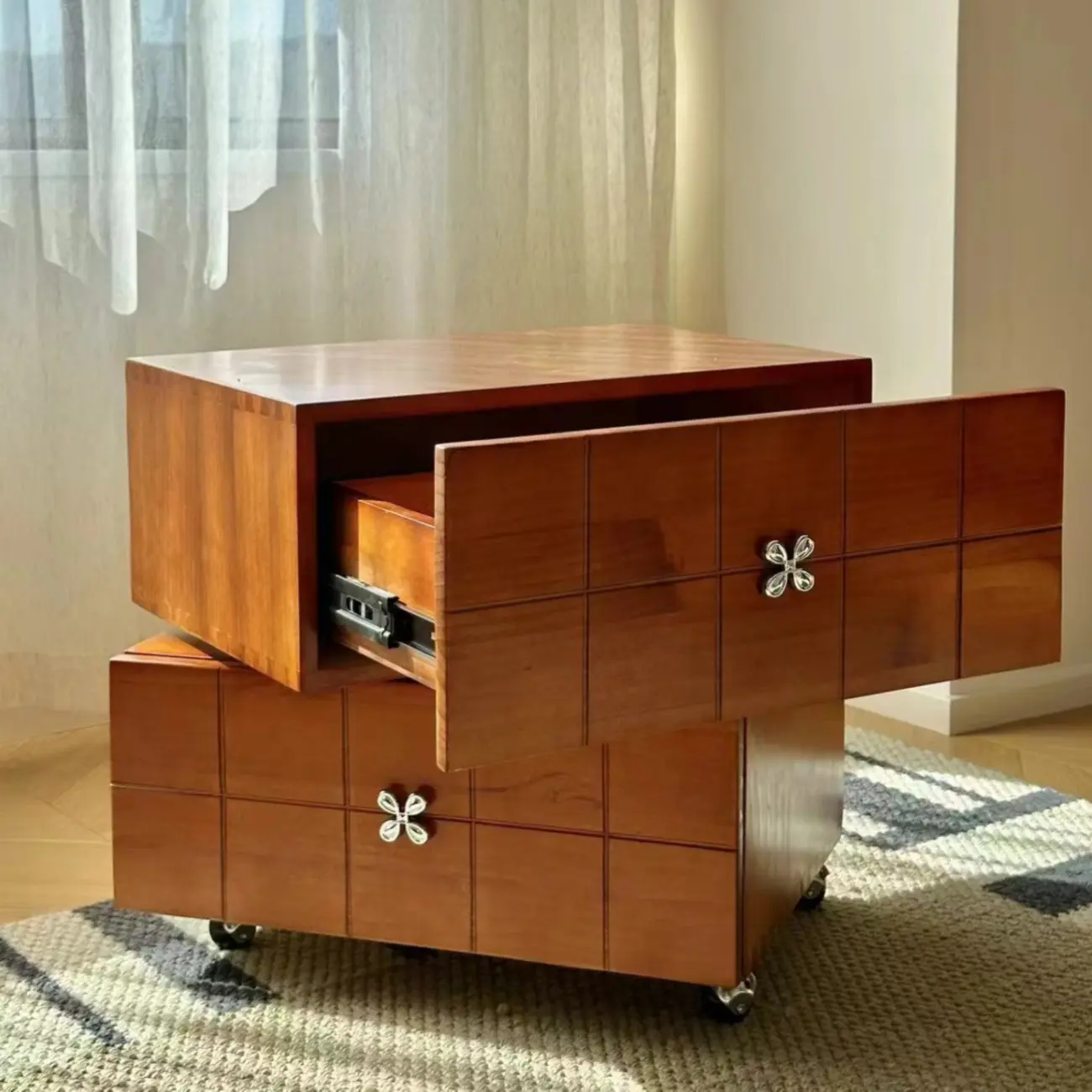 Classicist 2-Layer Wooden Rotating Nightstand with Casters Image - 2 | homeyfad