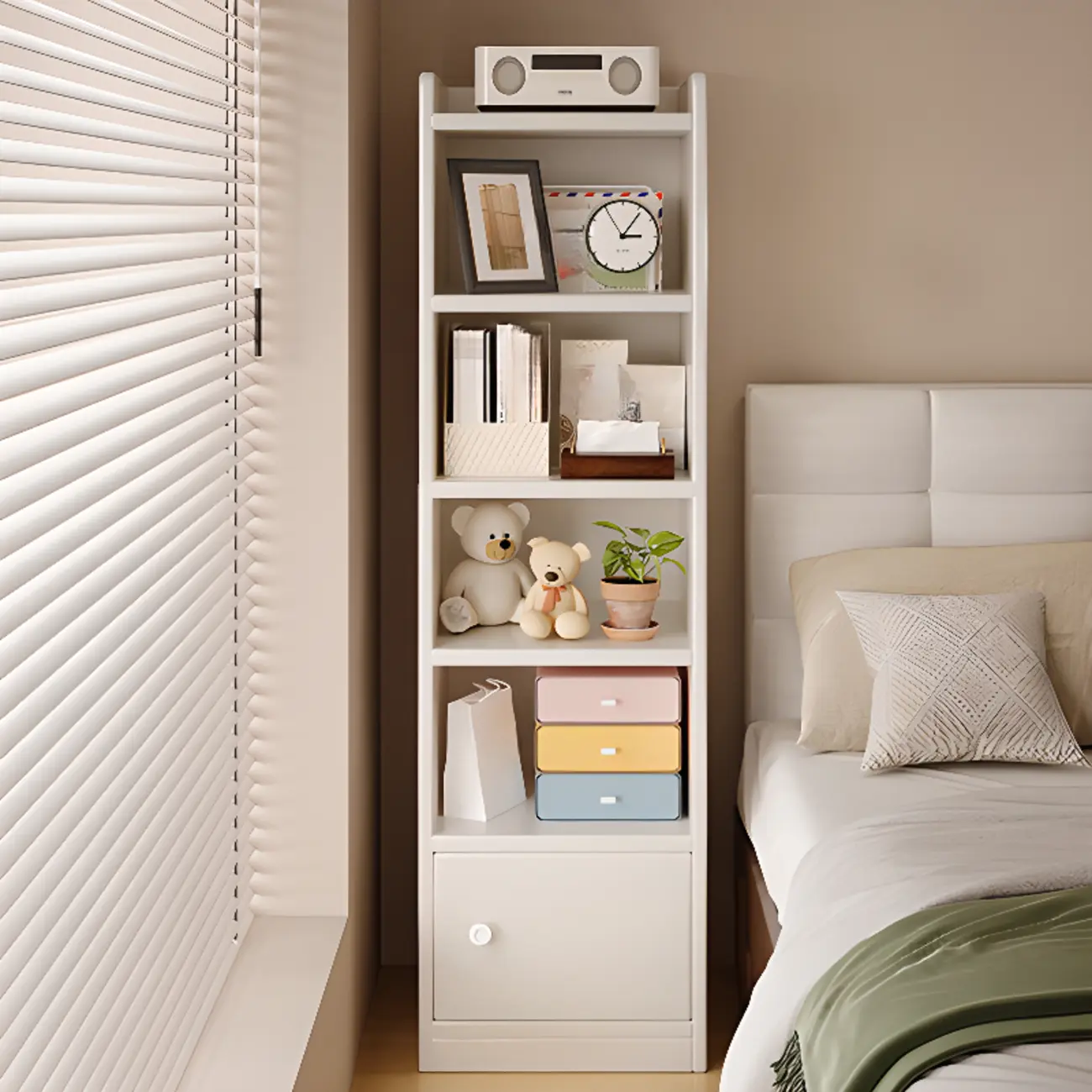 Narrow 6-Shelf White Wooden Bookcase with Cabinet Image - 1 | homeyfad