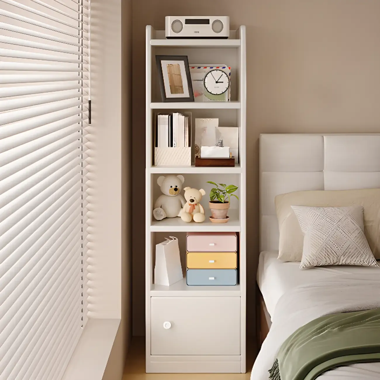 Narrow 6-Shelf White Wooden Bookcase with Cabinet Image - 1