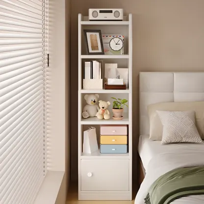 Narrow 6-Shelf White Wooden Bookcase with Cabinet Image - 1