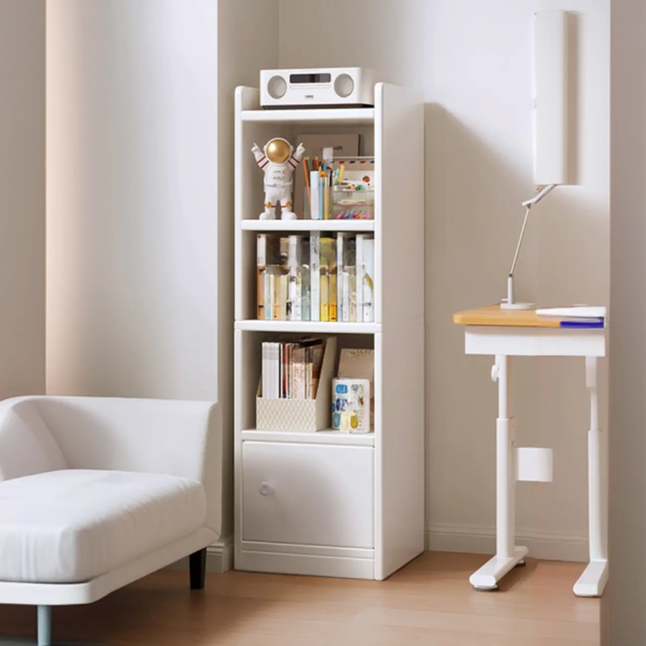 Narrow 6-Shelf White Wooden Bookcase with Cabinet Image - 3 | homeyfad