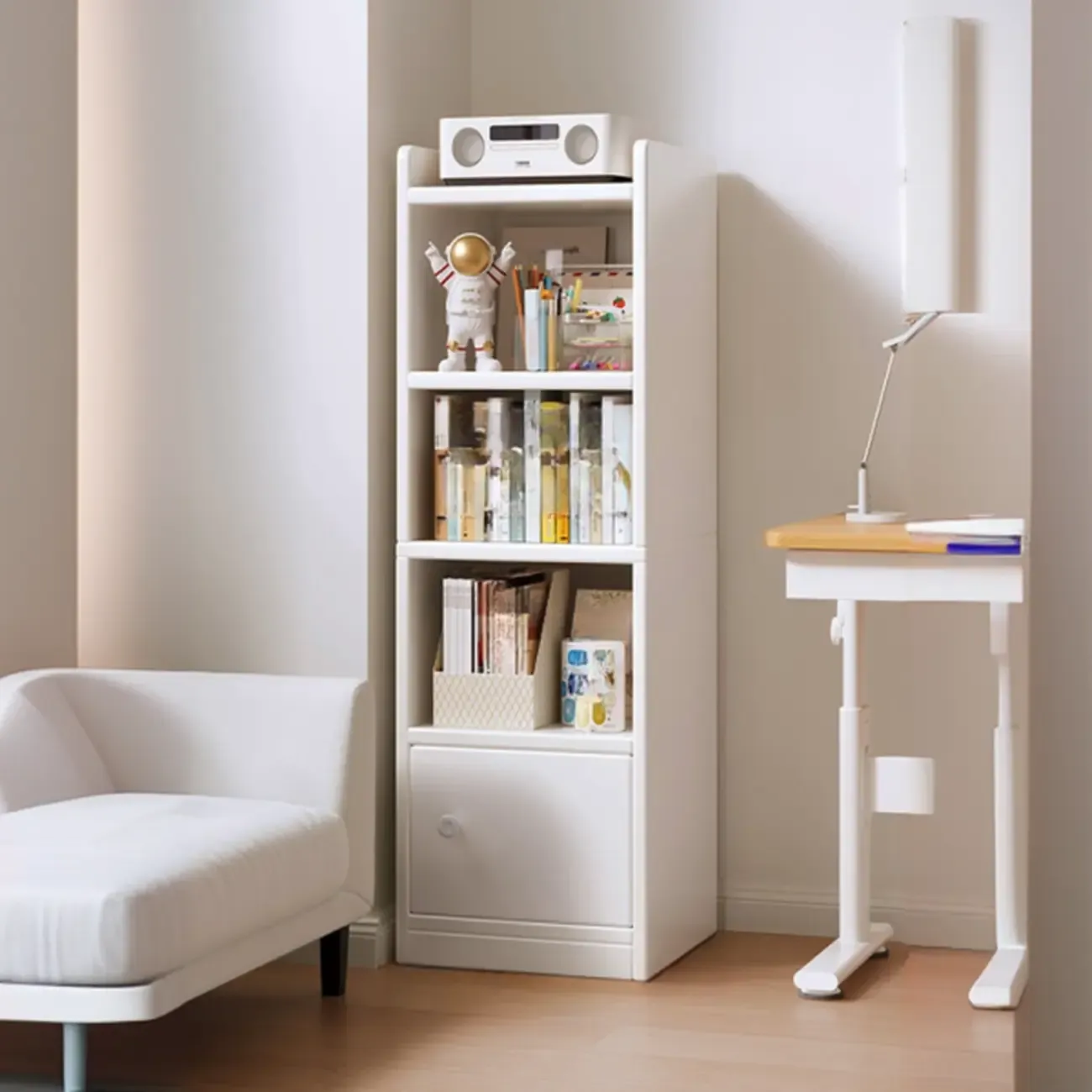 Narrow 6-Shelf White Wooden Bookcase with Cabinet Image - 3