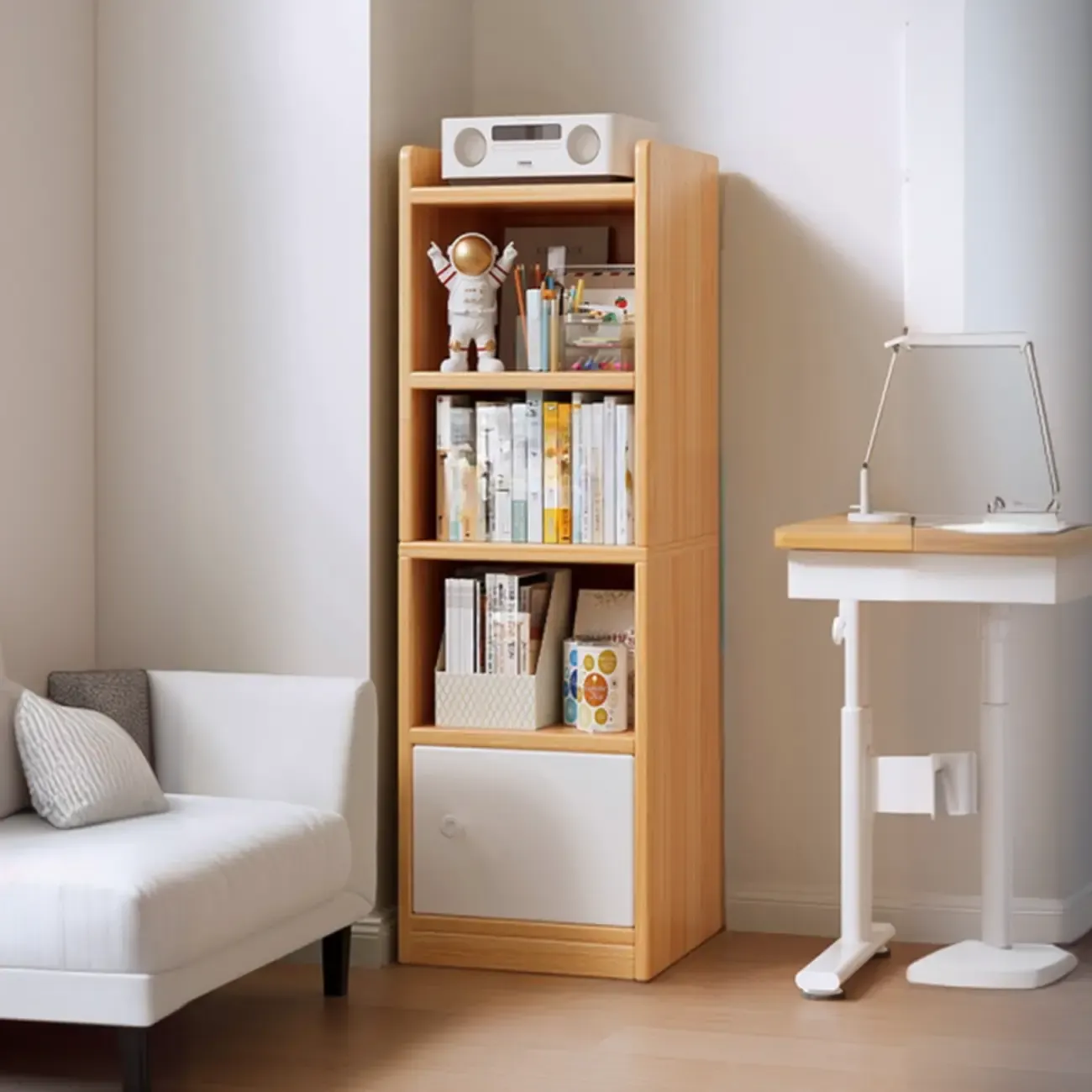 Narrow 6-Shelf White Wooden Bookcase with Cabinet Image - 4