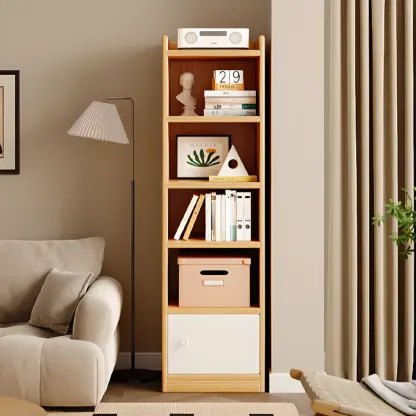 Narrow 6-Shelf White Wooden Bookcase with Cabinet Image - 5