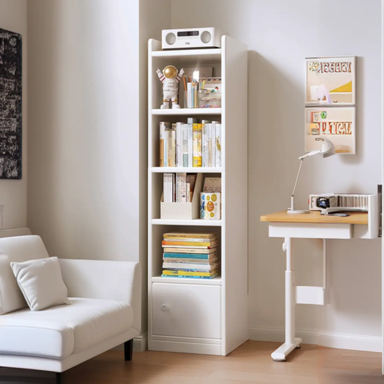 Narrow 6-Shelf White Wooden Bookcase with Cabinet Image - 6 | homeyfad