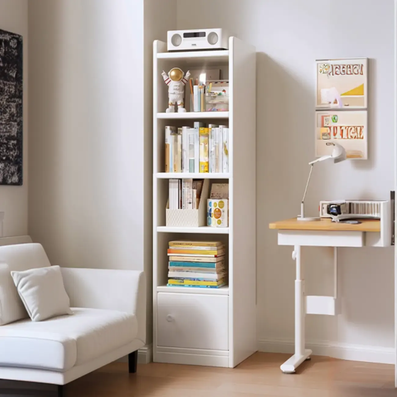 Narrow 6-Shelf White Wooden Bookcase with Cabinet Image - 6