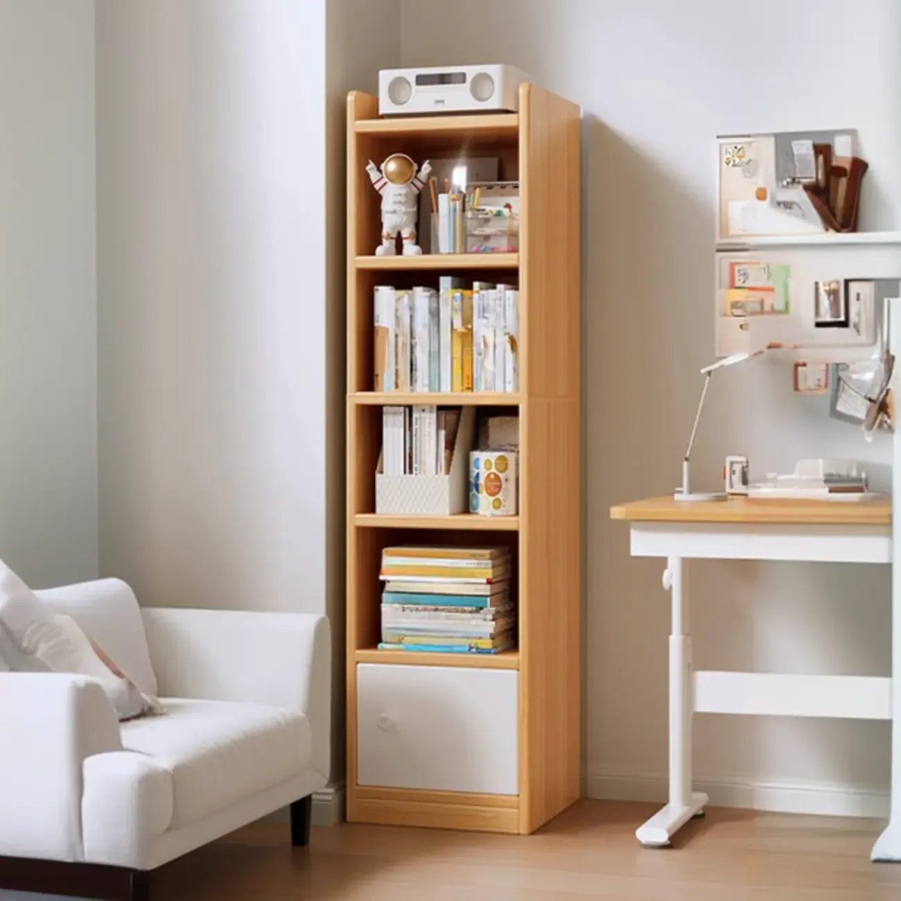 Narrow 6-Shelf White Wooden Bookcase with Cabinet Image - 8