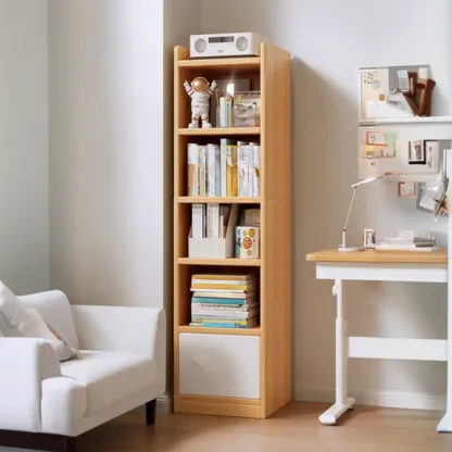 Narrow 6-Shelf White Wooden Bookcase with Cabinet Image - 8