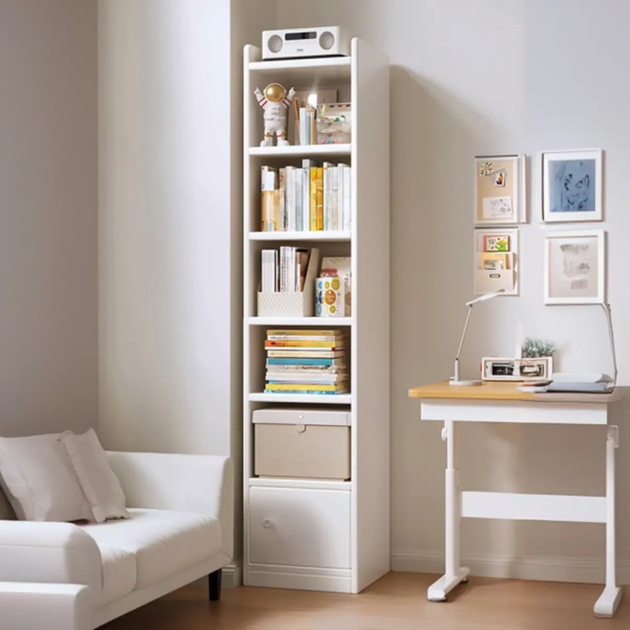 Narrow 6-Shelf White Wooden Bookcase with Cabinet Image - 10