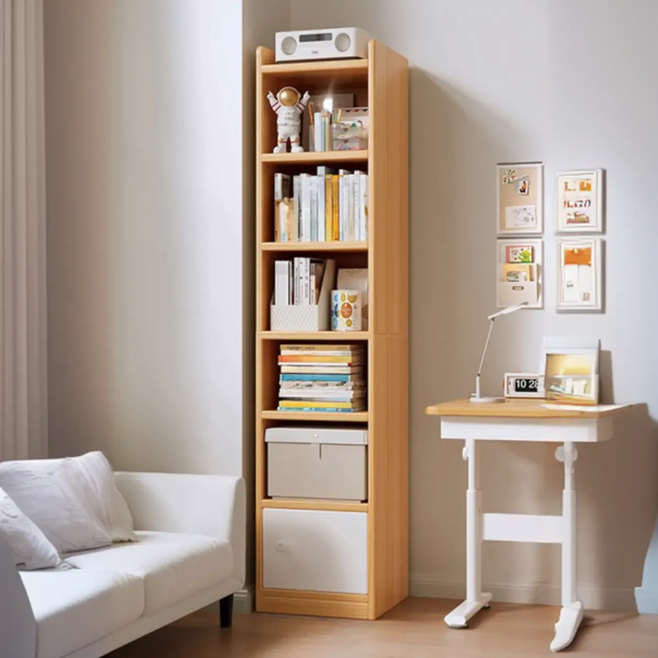 Narrow 6-Shelf White Wooden Bookcase with Cabinet Image - 2