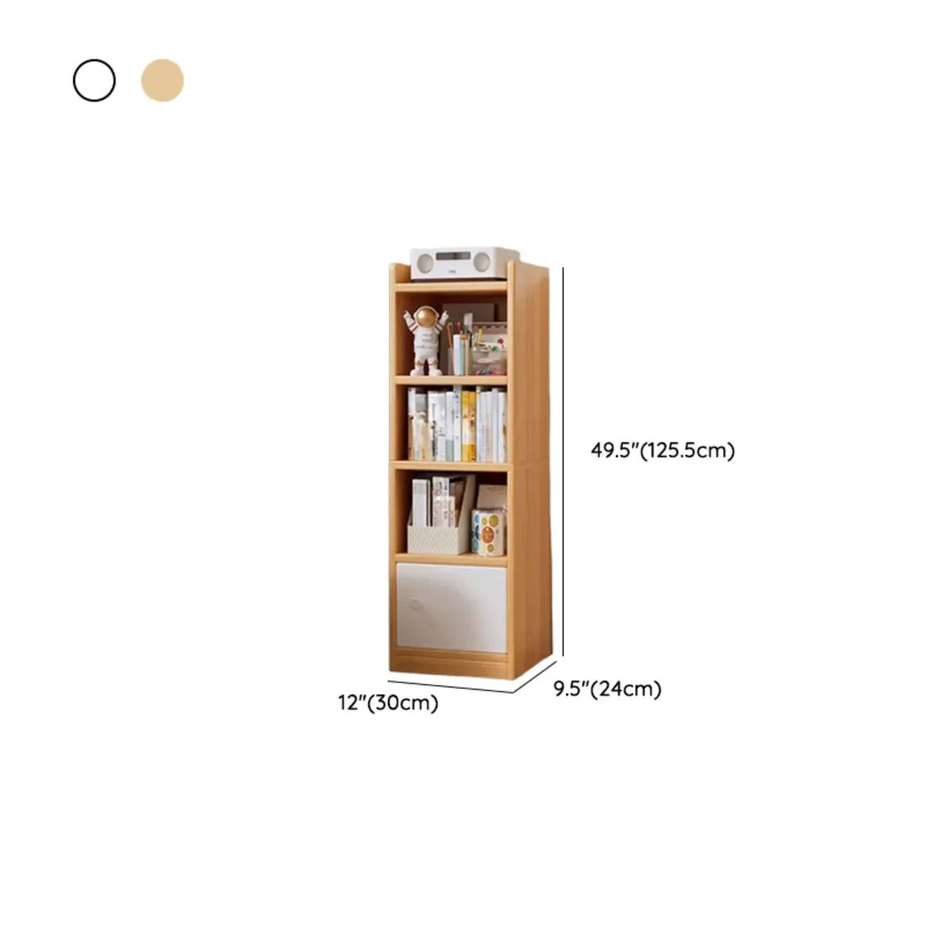 Narrow 6-Shelf White Wooden Bookcase with Cabinet #size