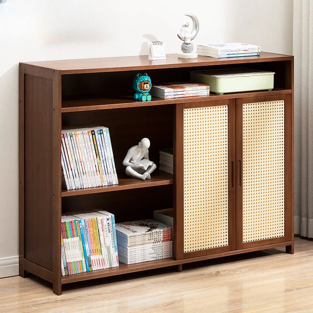 Contemporary Brown Bamboo Bookcase with Sliding Rattan Doors Image - 1 | homeyfad