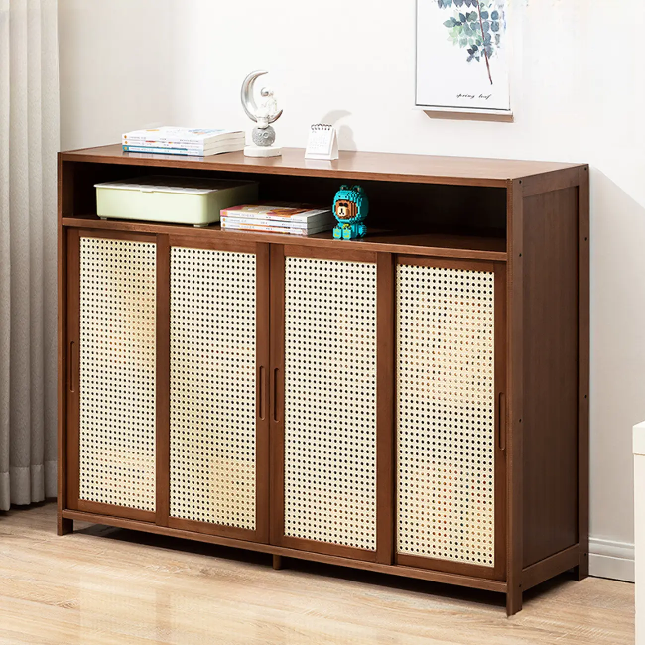 Contemporary Brown Bamboo Bookcase with Sliding Rattan Doors Image - 2 | homeyfad