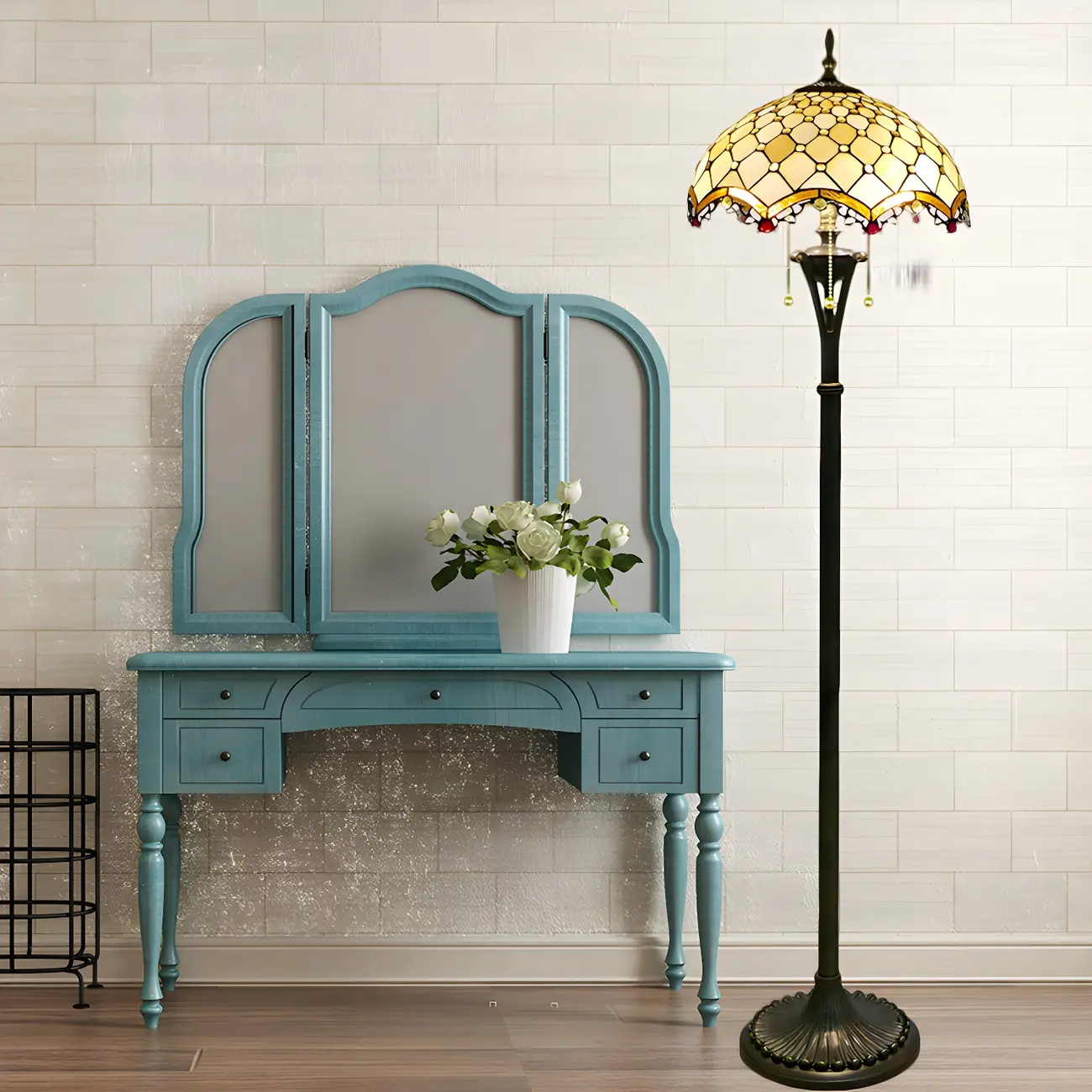 Baroque Brass Floor Lamp with Stained Glass Shade Image - 2 | homeyfad