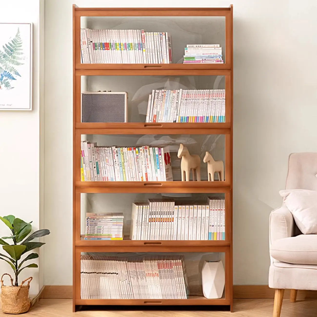 Minimalist 6 Shelves Flip-Top Glass Door Bamboo Bookcase Image - 1 | homeyfad