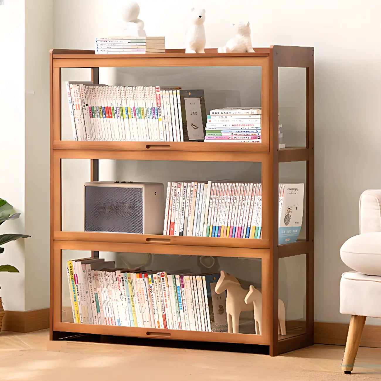 Minimalist 6 Shelves Flip-Top Glass Door Bamboo Bookcase Image - 2 | homeyfad