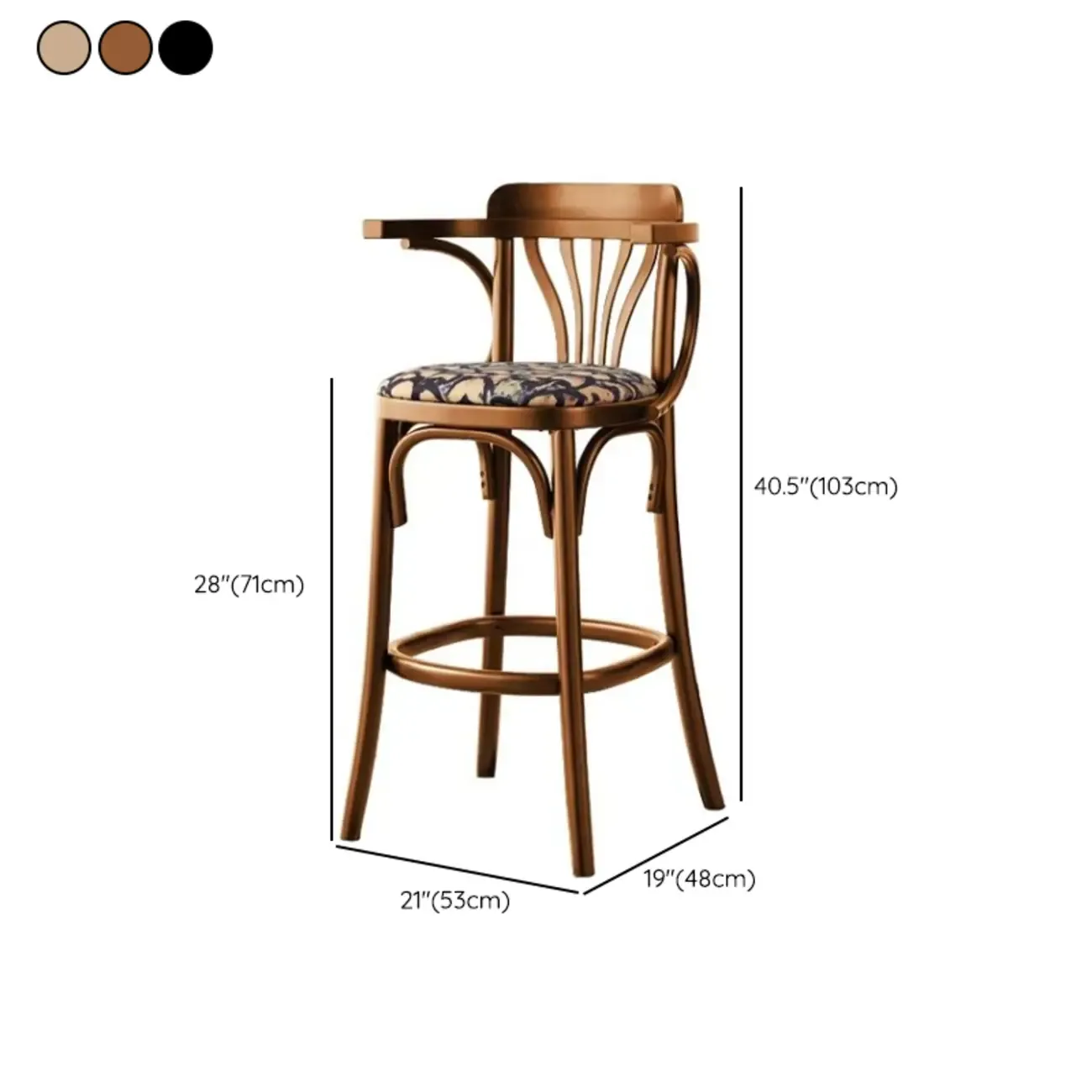 Vintage Wood Upholstered Bar Stools with Arms #size