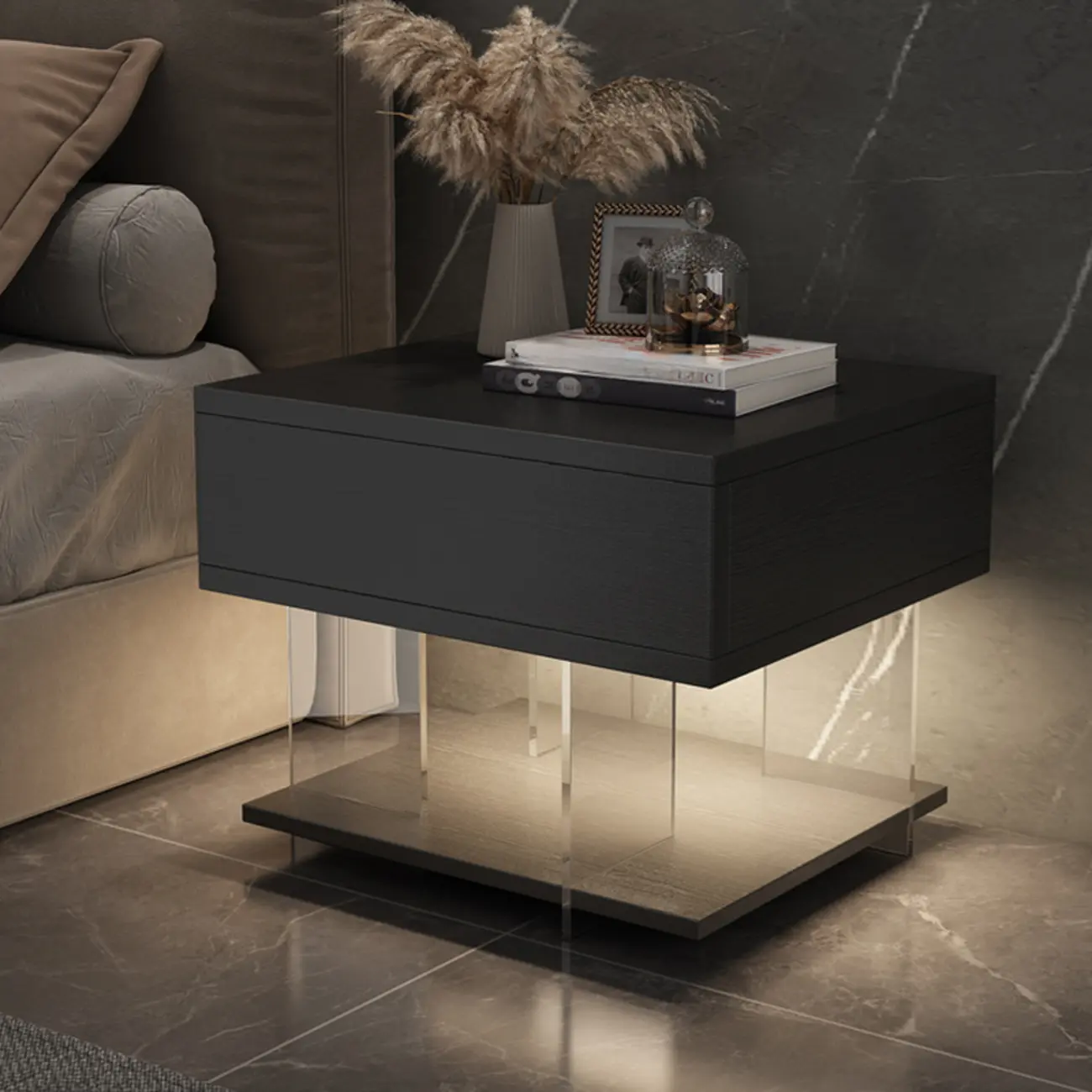 Modern Acrylic Wood Top 1 Drawer Nightstand with Light Image - 1 | homeyfad