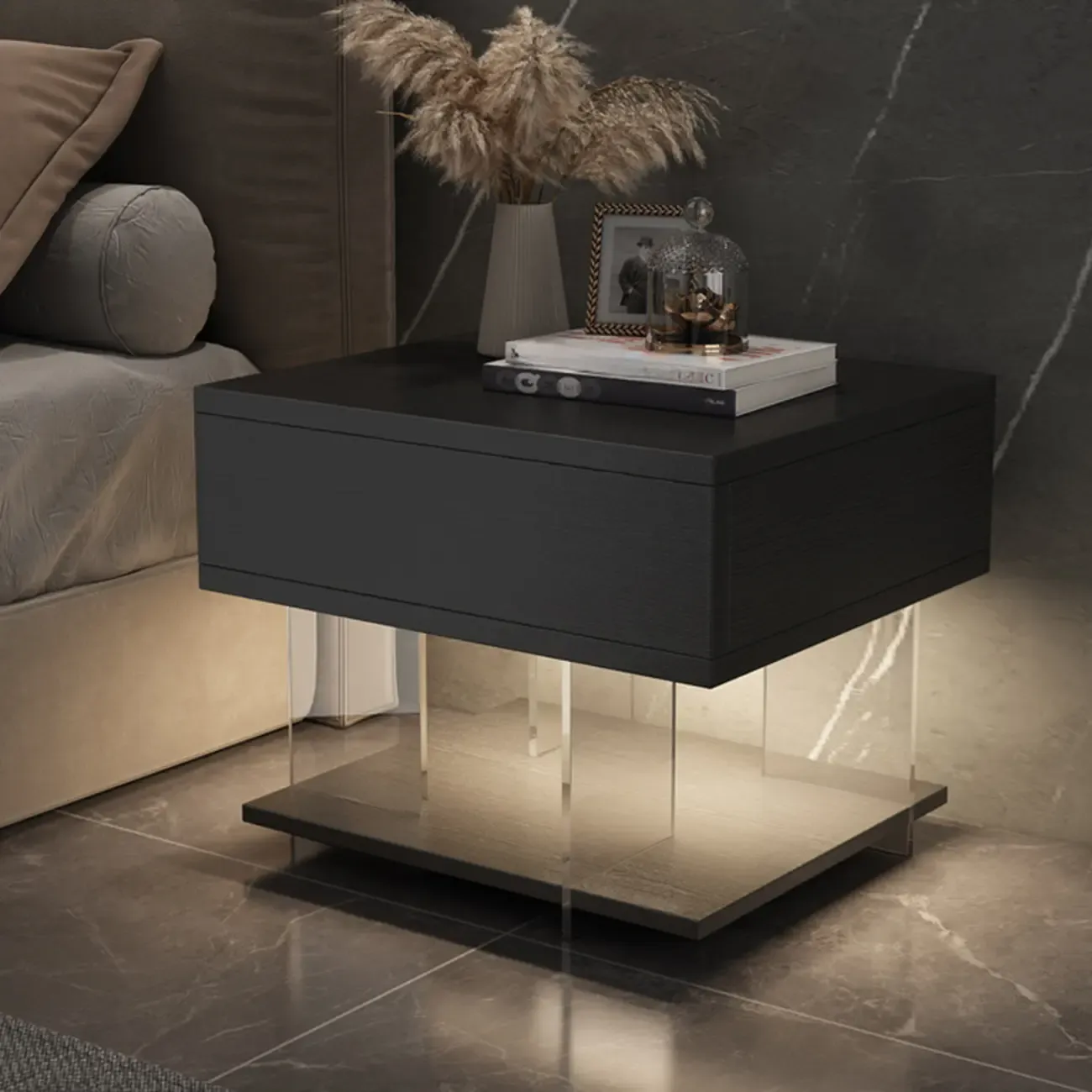 Modern Acrylic Wood Top 1 Drawer Nightstand with Light Image - 1