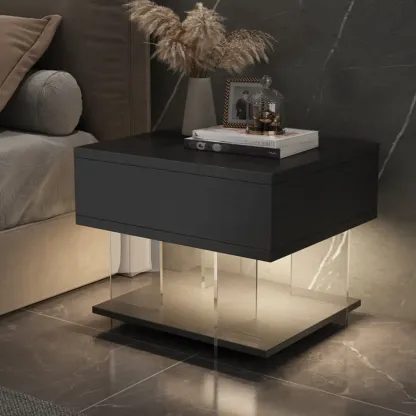 Modern Acrylic Wood Top 1 Drawer Nightstand with Light Image - 1