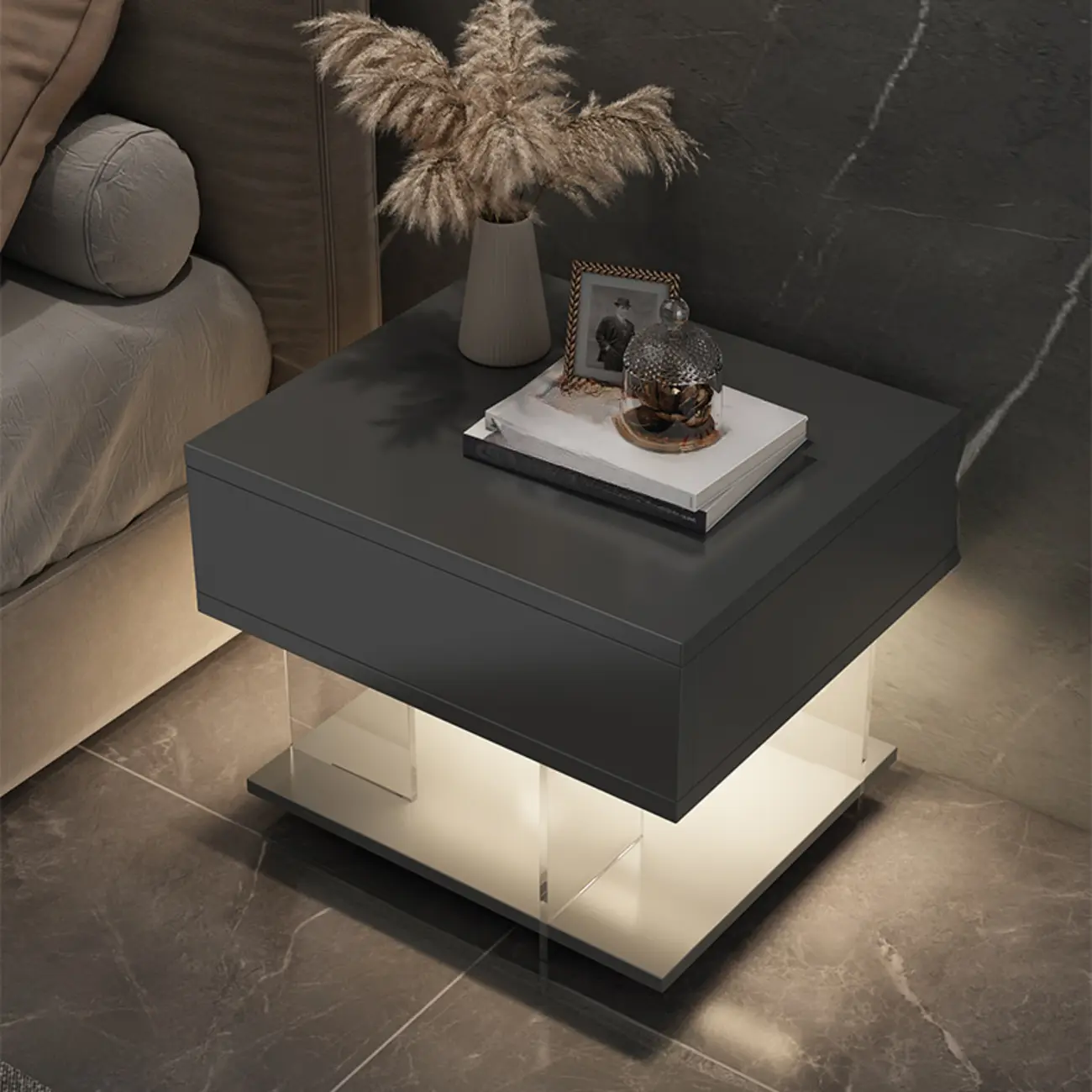 Modern Acrylic Wood Top 1 Drawer Nightstand with Light Image - 2 | homeyfad