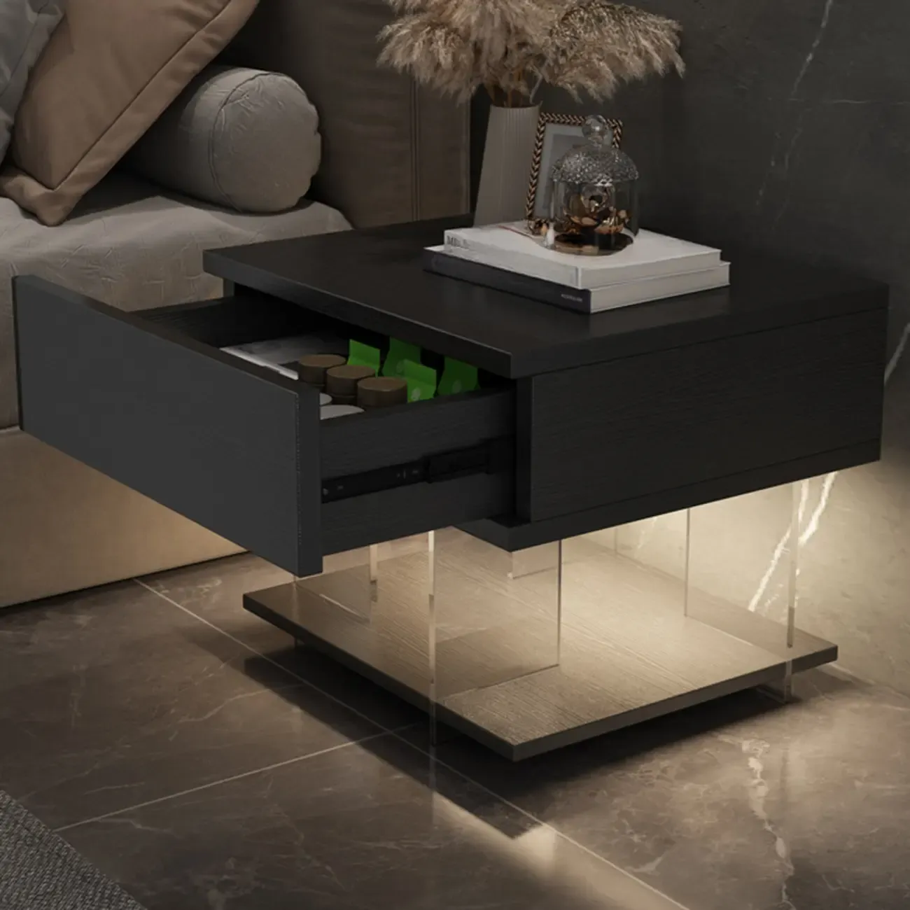 Modern Acrylic Wood Top 1 Drawer Nightstand with Light Image - 6