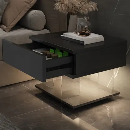 Modern Acrylic Wood Top 1 Drawer Nightstand with Light Image - 6