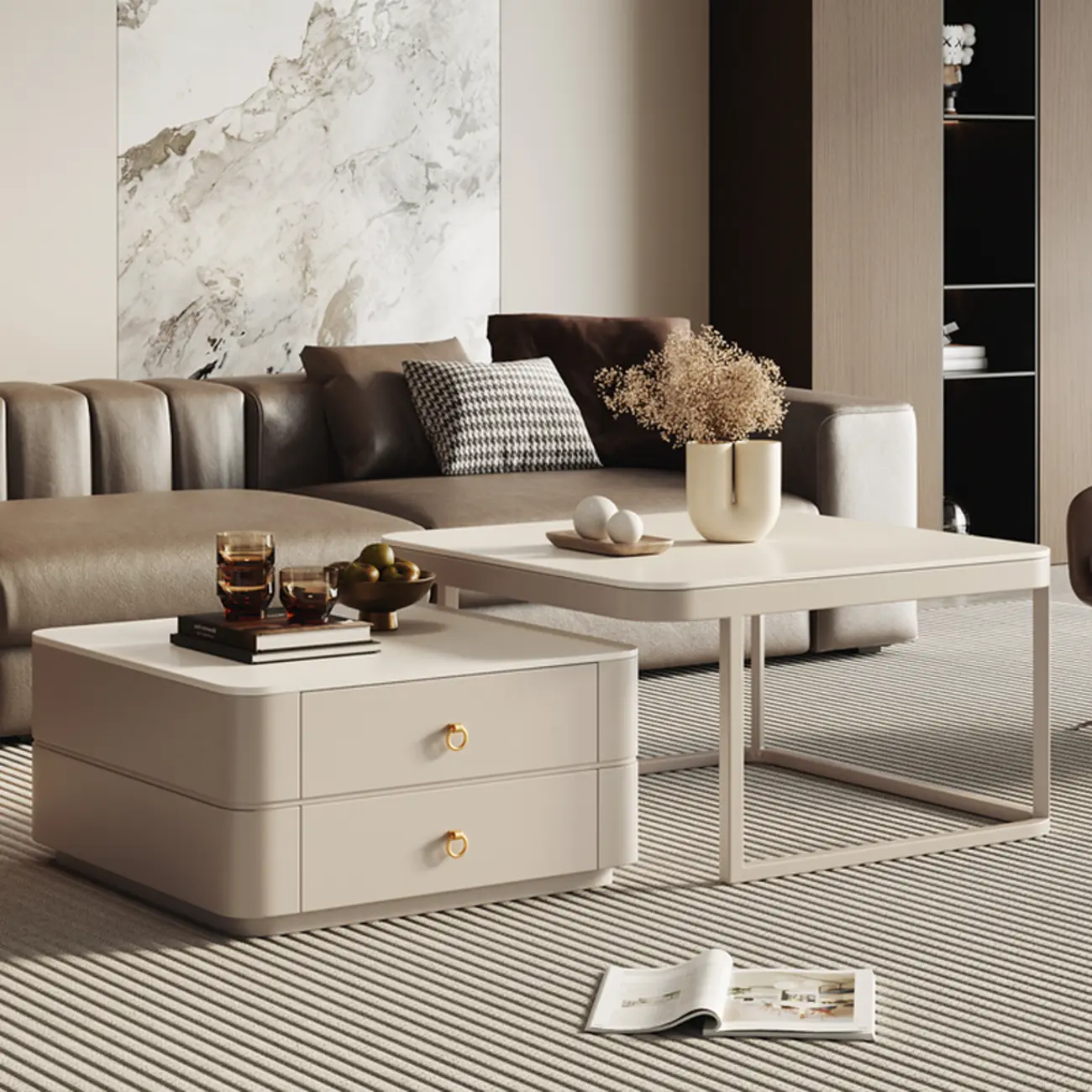 Anti-Scratch Stone Top White Nesting Coffee Table with Storage Image - 1 | homeyfad