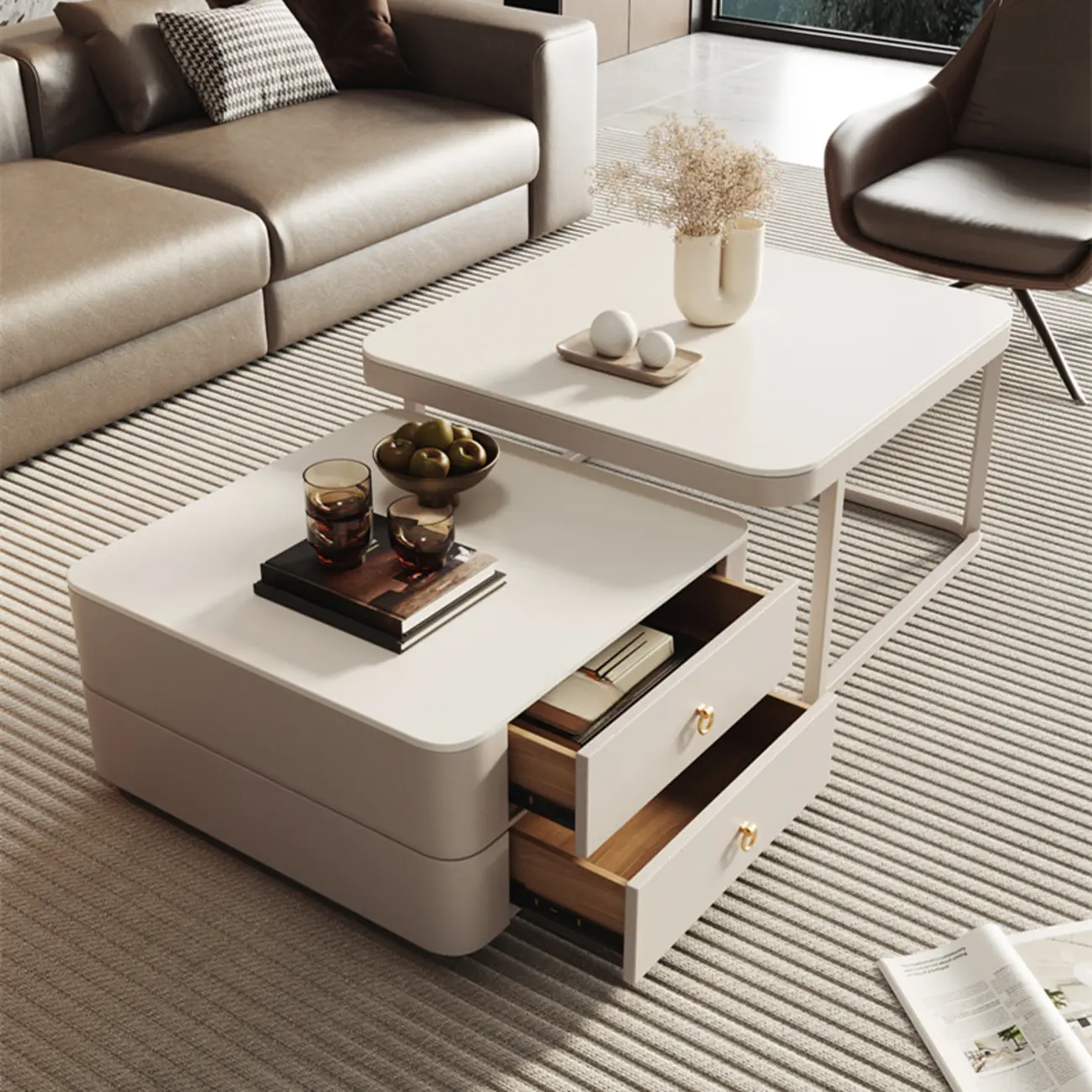 Anti-Scratch Stone Top White Nesting Coffee Table with Storage Image - 2 | homeyfad