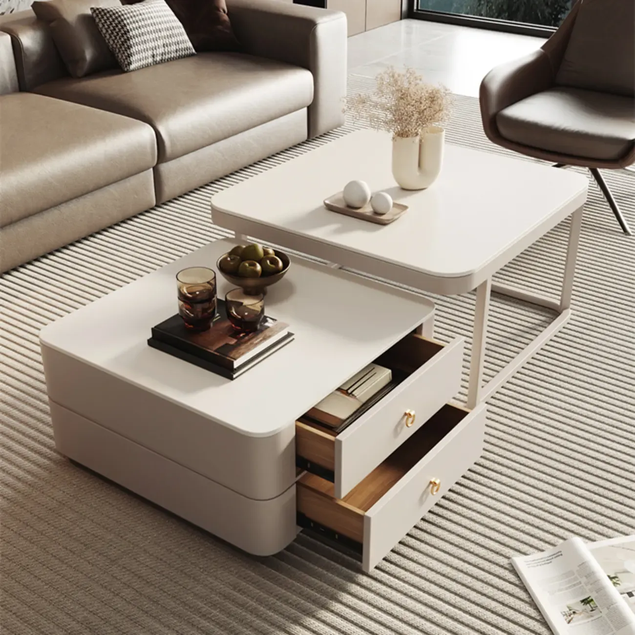 Anti-Scratch Stone Top White Nesting Coffee Table with Storage Image - 2