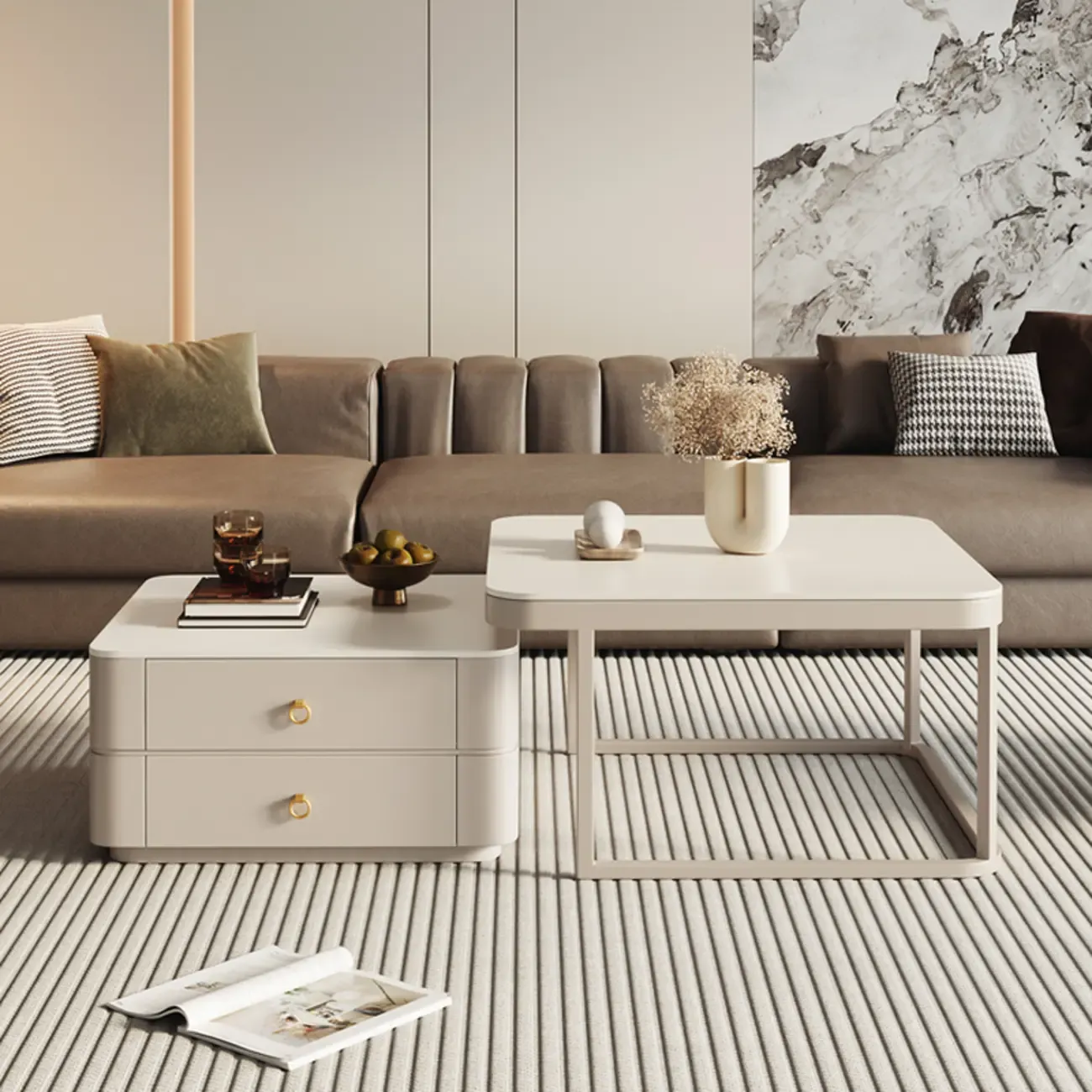 Anti-Scratch Stone Top White Nesting Coffee Table with Storage Image - 3