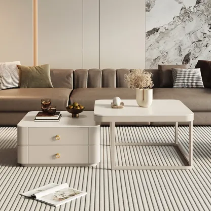 Anti-Scratch Stone Top White Nesting Coffee Table with Storage Image - 3