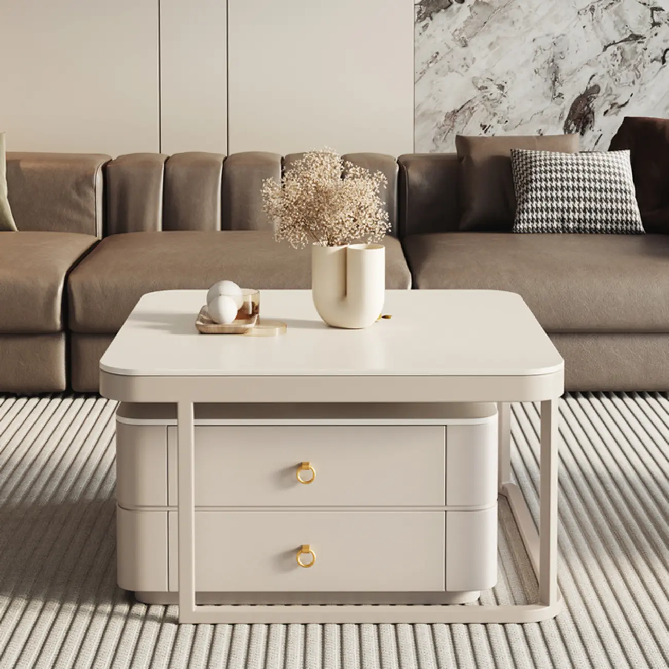 Anti-Scratch Stone Top White Nesting Coffee Table with Storage Image - 4 | homeyfad