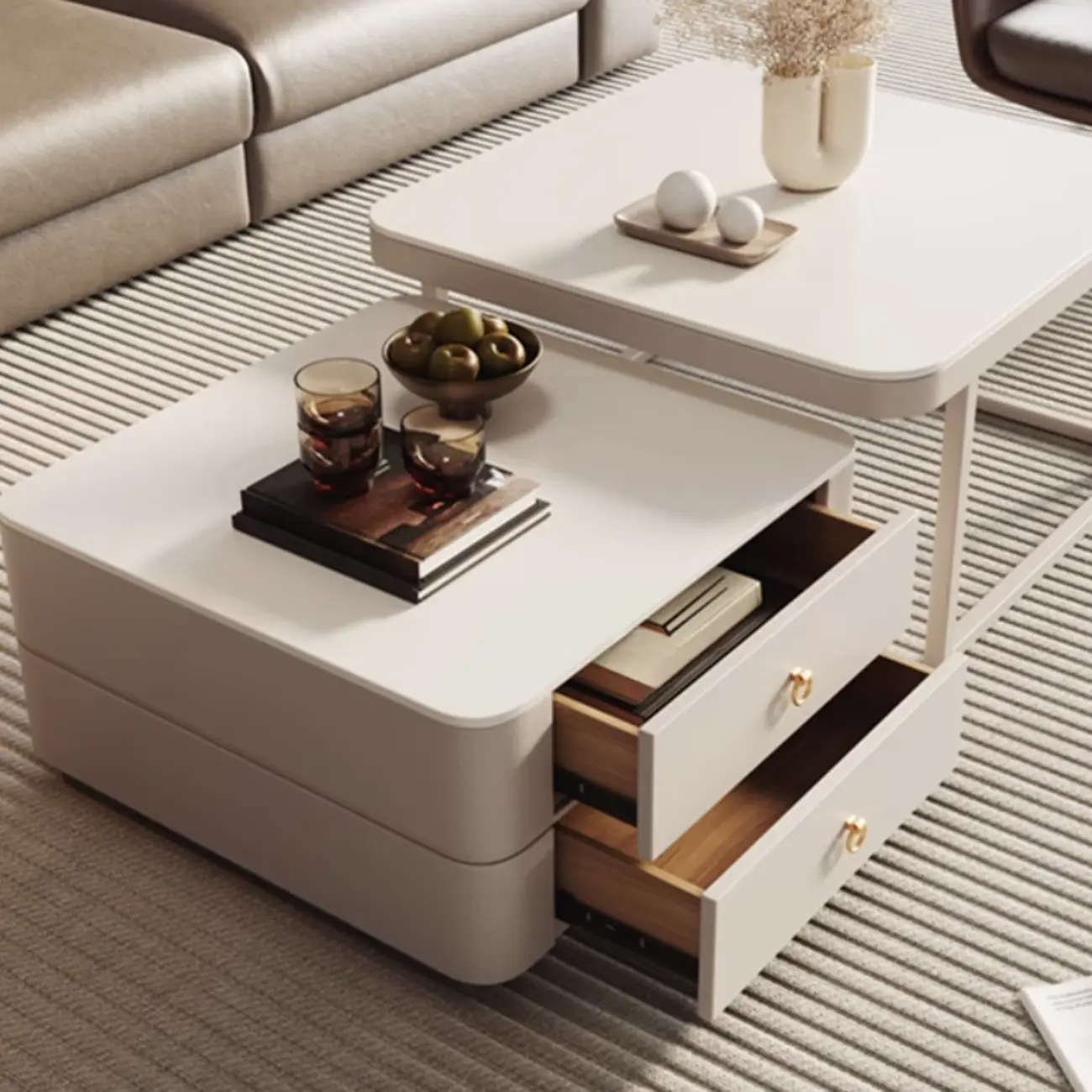 Anti-Scratch Stone Top White Nesting Coffee Table with Storage Image - 6 | homeyfad