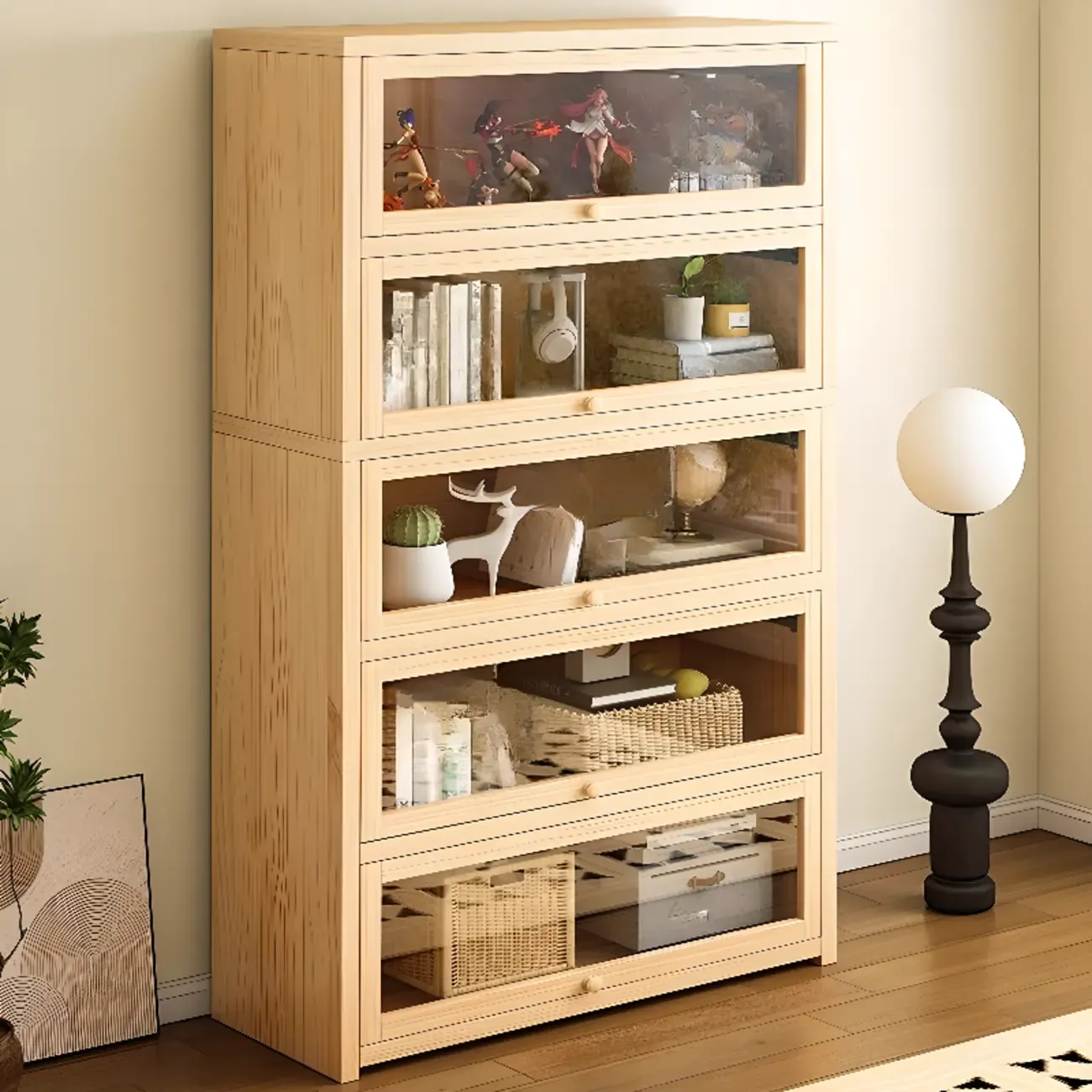 Natural Finish Flip-Top Wooden Bookcase with Glass Doors Image - 1