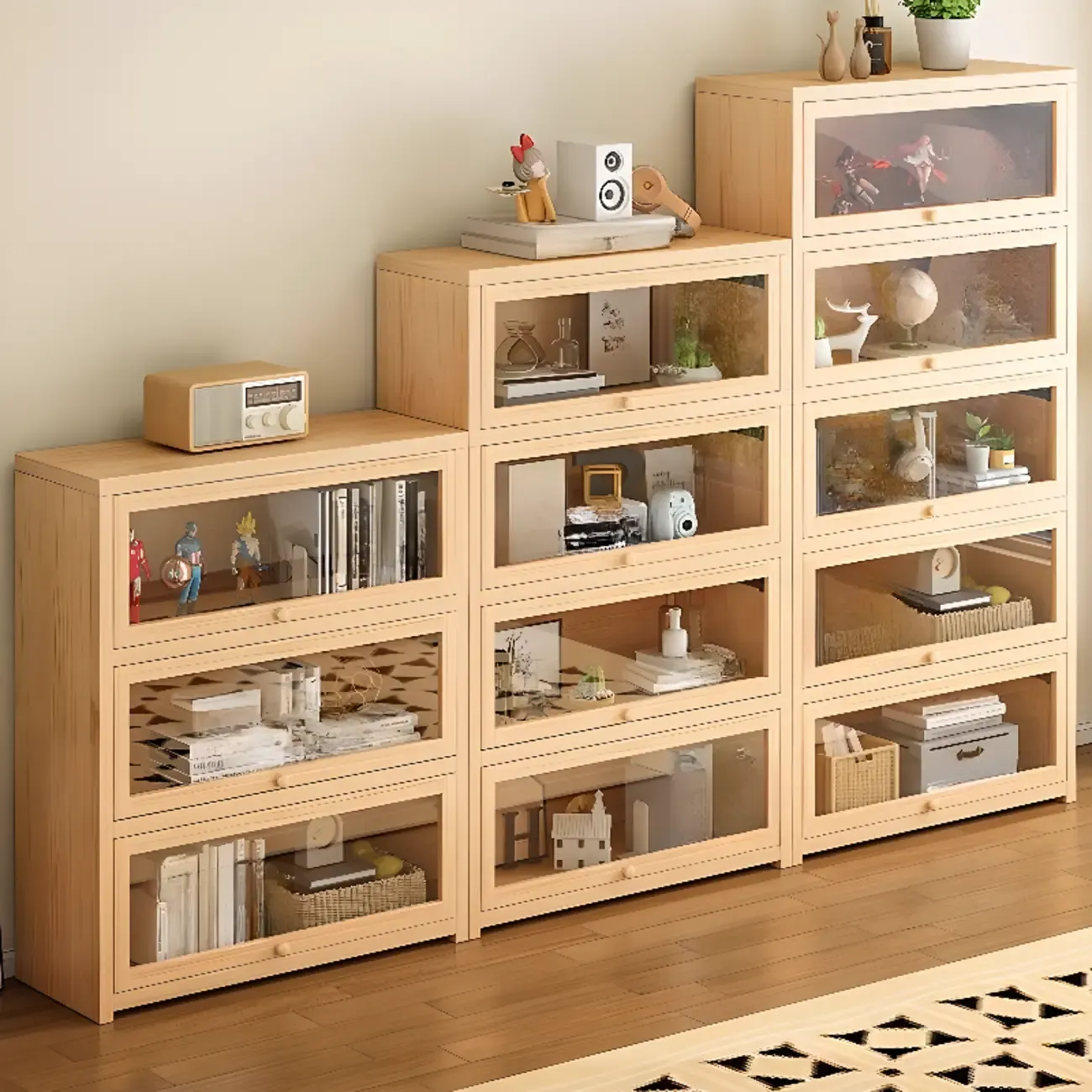 Natural Finish Flip-Top Wooden Bookcase with Glass Doors Image - 2