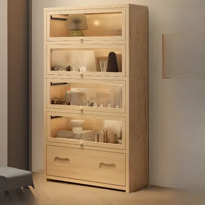 Natural Finish Flip-Top Wooden Bookcase with Glass Doors Image - 3