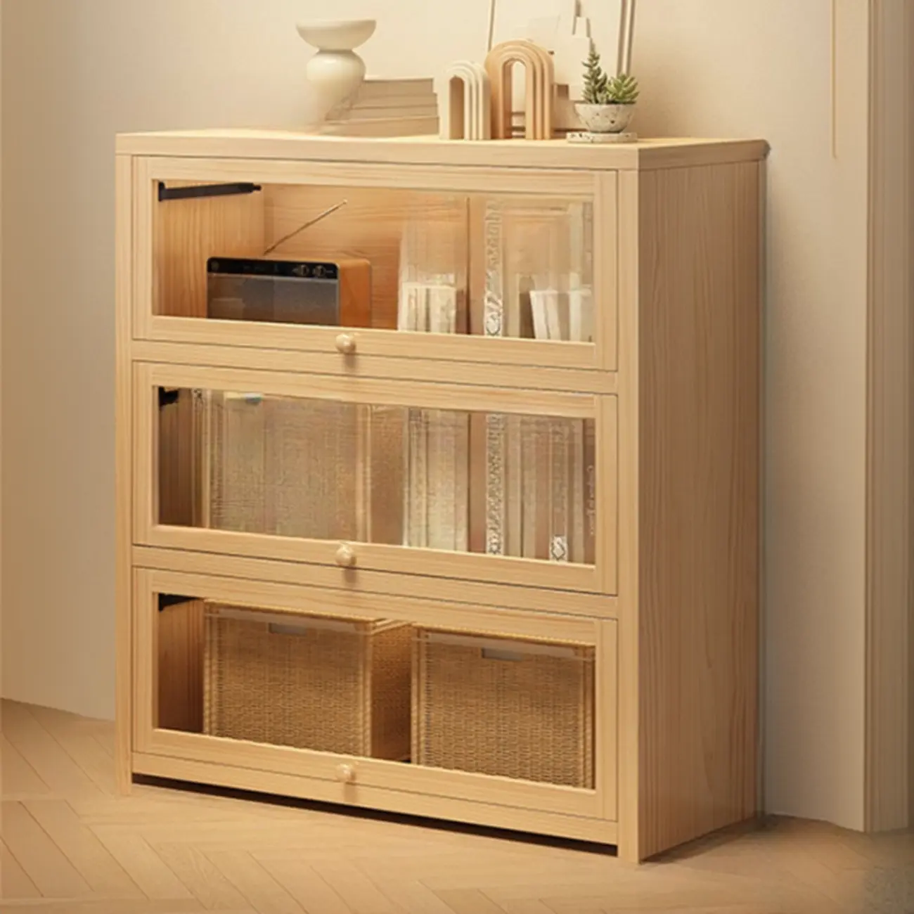 Natural Finish Flip-Top Wooden Bookcase with Glass Doors Image - 4 | homeyfad