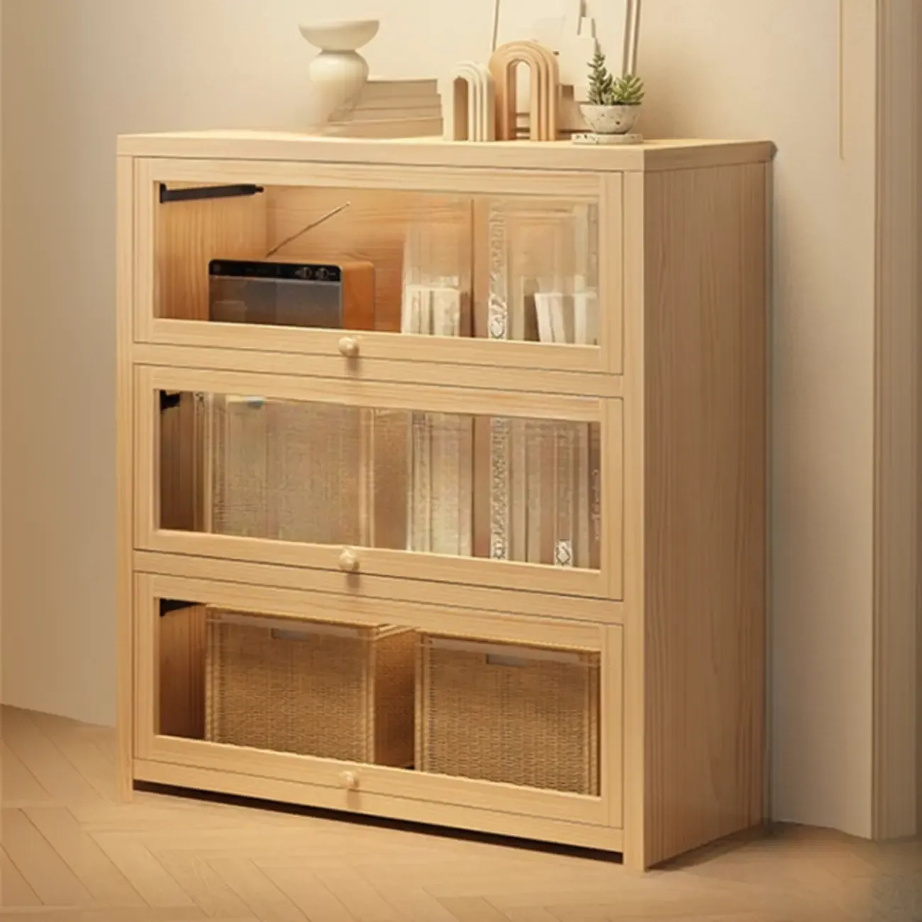 Natural Finish Flip-Top Wooden Bookcase with Glass Doors Image - 4