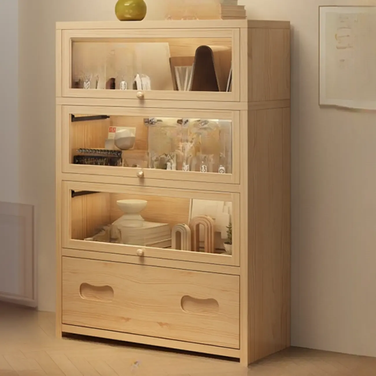 Natural Finish Flip-Top Wooden Bookcase with Glass Doors Image - 5