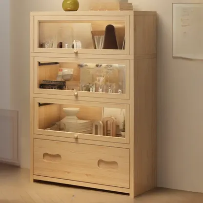 Natural Finish Flip-Top Wooden Bookcase with Glass Doors Image - 5