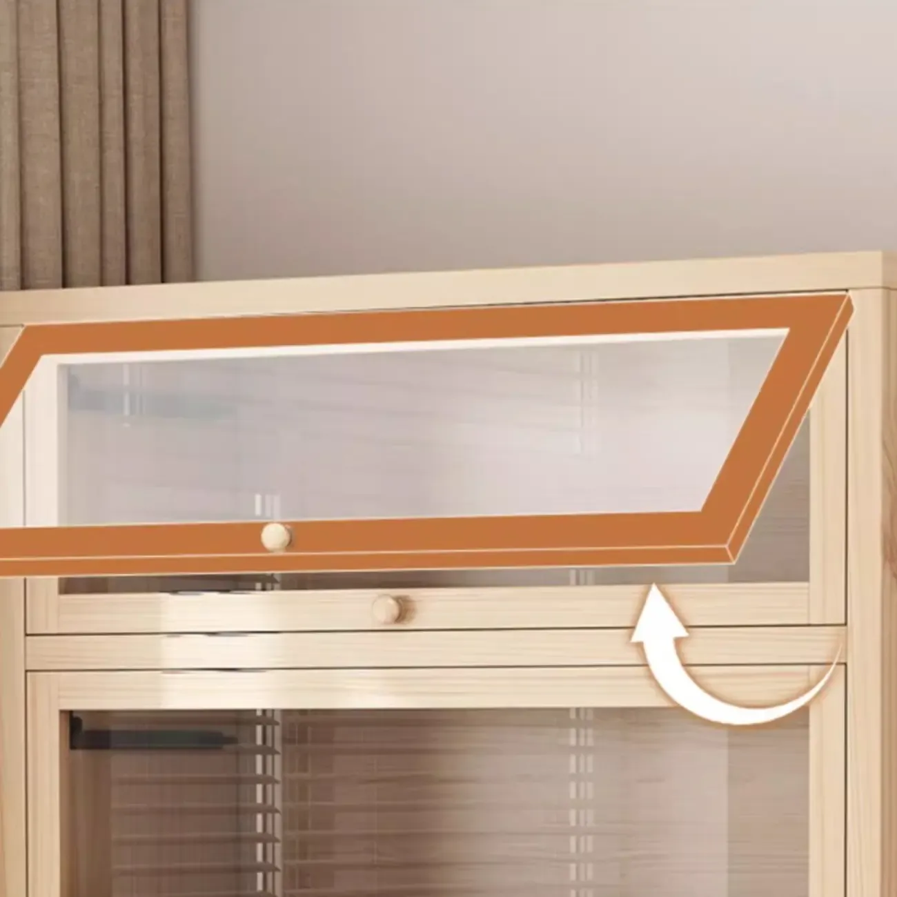 Natural Finish Flip-Top Wooden Bookcase with Glass Doors Image - 6