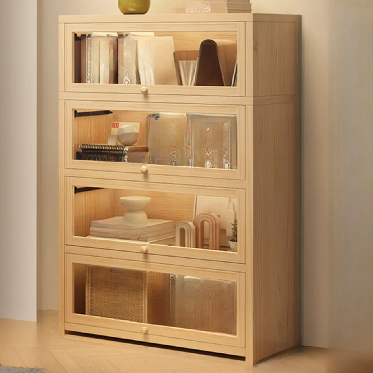 Natural Finish Flip-Top Wooden Bookcase with Glass Doors Image - 11 | homeyfad