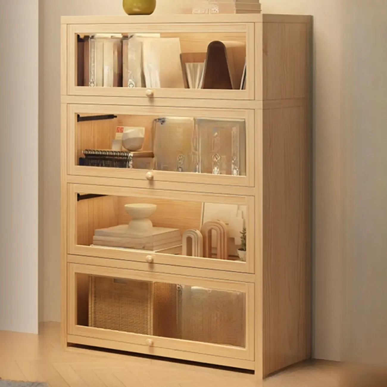 Natural Finish Flip-Top Wooden Bookcase with Glass Doors Image - 11