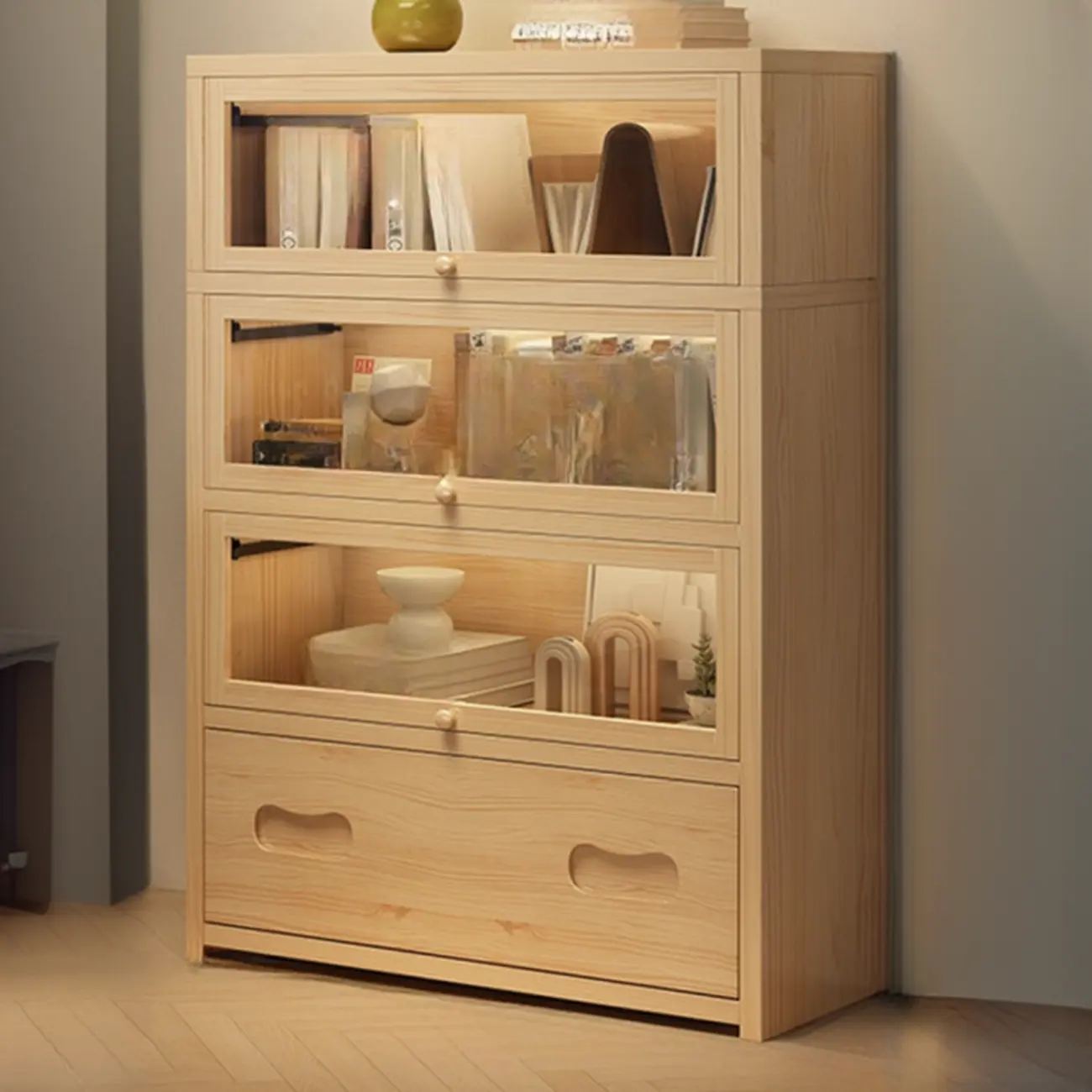 Natural Finish Flip-Top Wooden Bookcase with Glass Doors Image - 12 | homeyfad