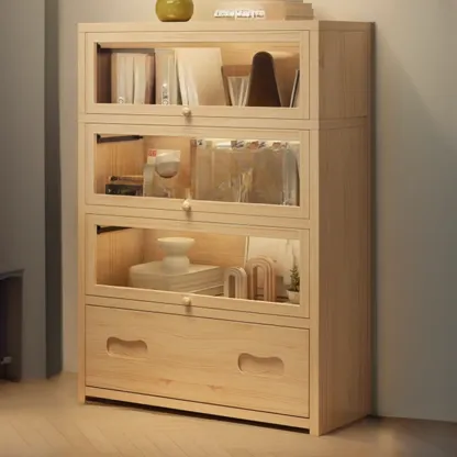 Natural Finish Flip-Top Wooden Bookcase with Glass Doors Image - 12