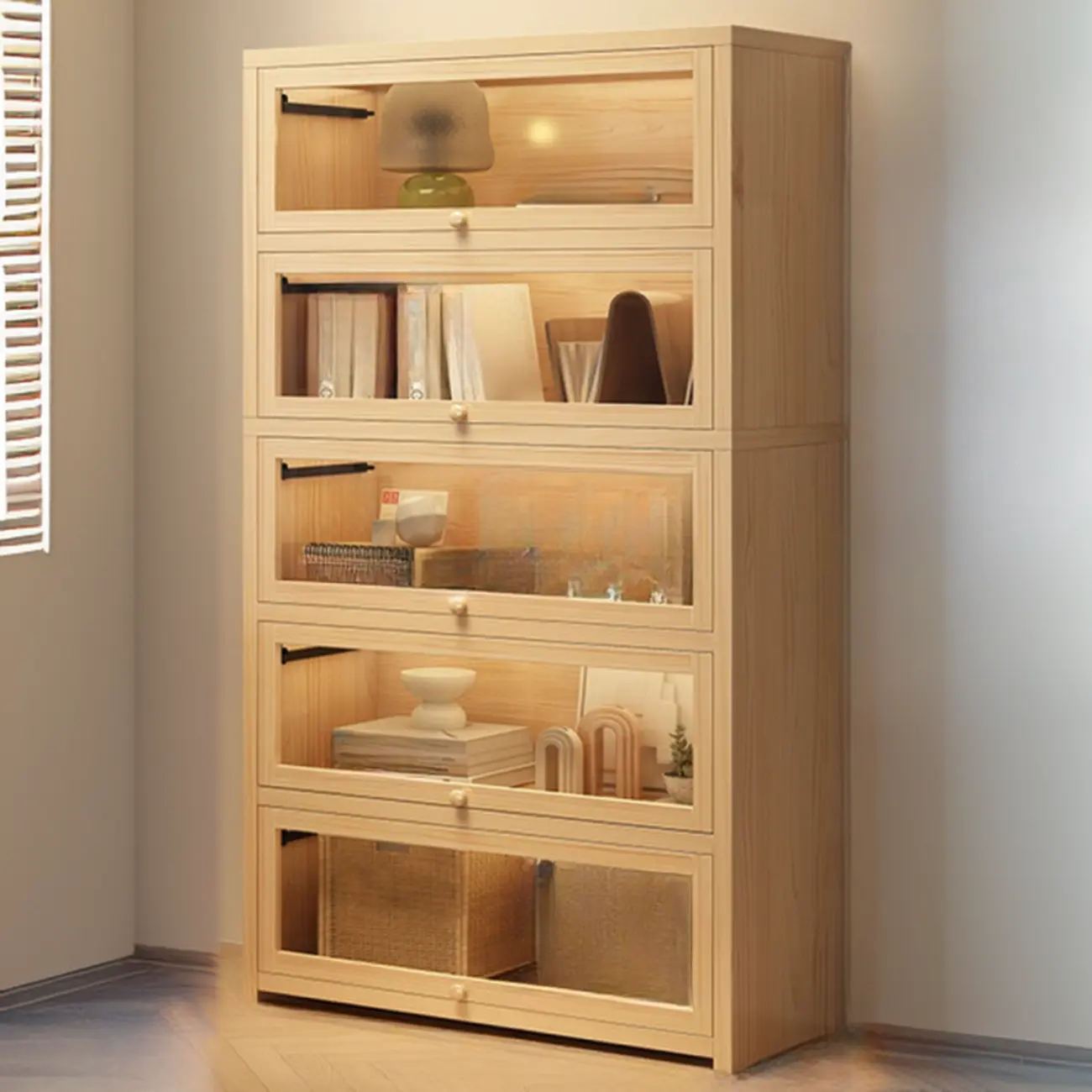 Natural Finish Flip-Top Wooden Bookcase with Glass Doors Image - 13 | homeyfad